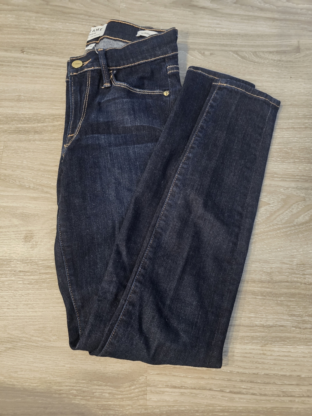 Frame Denim Black Skinny Jeans with Gold Stitching